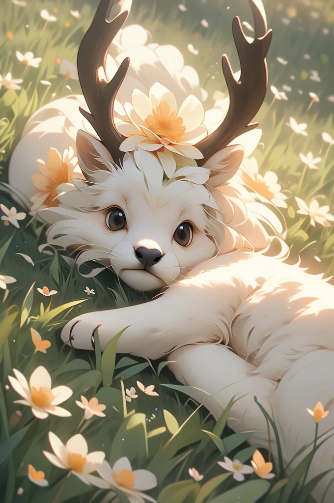 there is a deer that is laying down in the grass, beautiful and cute, beautiful nature, beautiful!!!!!!!!!, beautiful cute, covered in flowers, cute and adorable, aww, very cute, adorable and cute, peaceful looking animals, lovely and cute, wow it is beautiful, incredibly cute, beautiful detail, in a field of flowers, peaceful expression, beautiful shot