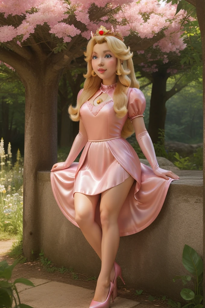 highres, masterpiece, perfect ligthing, bloom, cinematic lighting, adult, perfect skin, female, looking at viewer, full body shot, smile, narrow waist, skinny,  (PrincessPeach), (Princess Peach), (Pink Dress), detailled eyes, blue eyes, sensual, mushrooms,mushroom kingdom, pink lips, ((glossy lips)), pursed lips, pink pumps, glossy skin, oily skin, beautiful light, (day:1.3), bright,