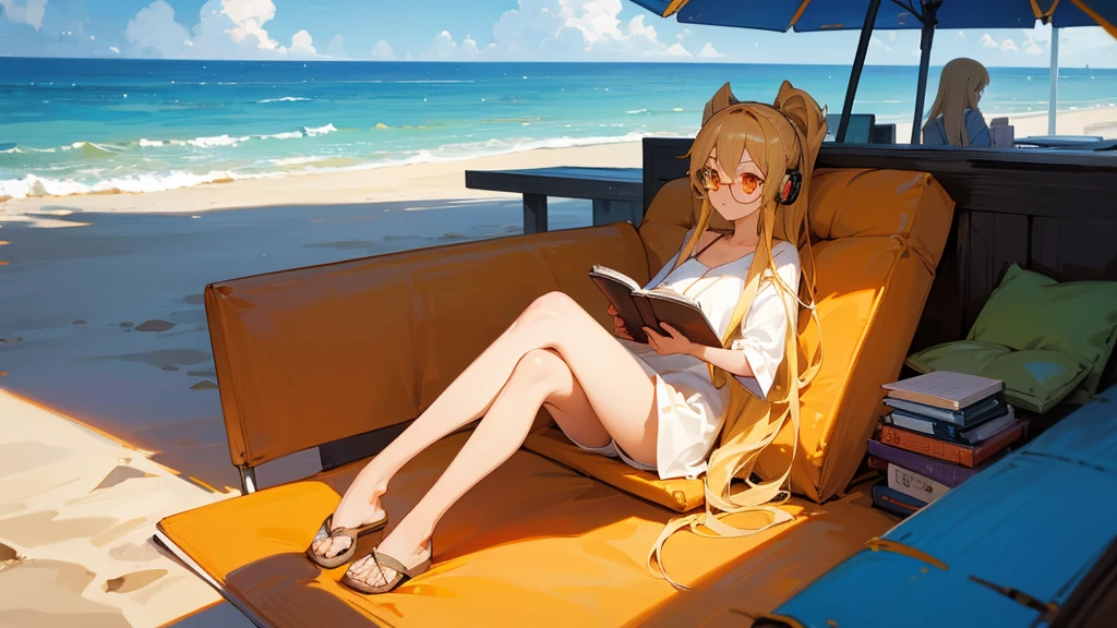 Please create a lo-fi anime style image of a young adult woman with long straight blonde hair and elongated orange eyes. She is wearing orange glasses and headphones. The scene takes place on a beach during vacation. She is sitting on the sand, reading a book, and her figure is shown in full length. The blue sea is in the background and the sky is humid. She appears relaxed and immersed in reading, enjoying a peaceful day at the beach.