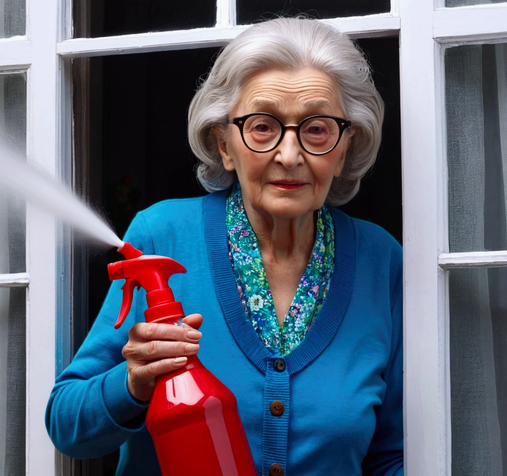 Create an image (thumbnail for YouTube), in 3D, HIGH DEFINITION AND REALISTIC RESOLUTION, Bringing something mystical, which is attractive for SEO, (AN ELDERLY WOMAN IN GLASSES HOLDING A SPRAYER IN THE WINDOW), dynamic that represents the title of the text: "Spray Vinegar on Your Windows.” In sizes 16:9. Bring the same color palette as the previous images.