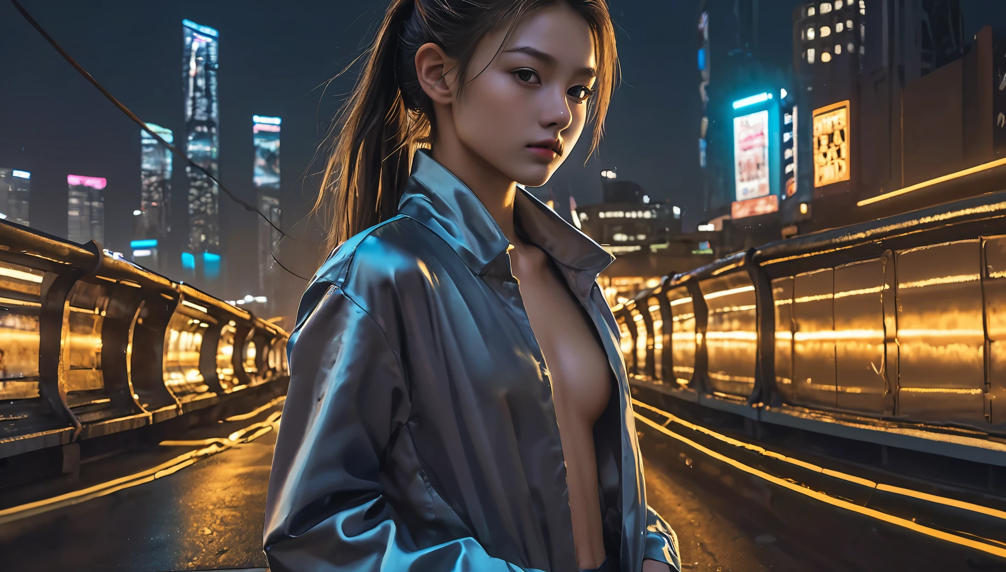 Top Quality, Masterpiece, High Resolution, 8k, (((cute skinny barely legal girl in oversized satin blouse and wetlook leggings, bare belly, wide neckline, deep neckline, small perky breasts, beautiful detailed eyes, beautiful detailed lips, small closed mouth, extremely detailed face, long ponytail hair, small hips))), cyberpunk apartment, moody atmosphere, dramatic and random neon colors, futuristic setting, intricate details, at night, backlit, full body shot, view from distance