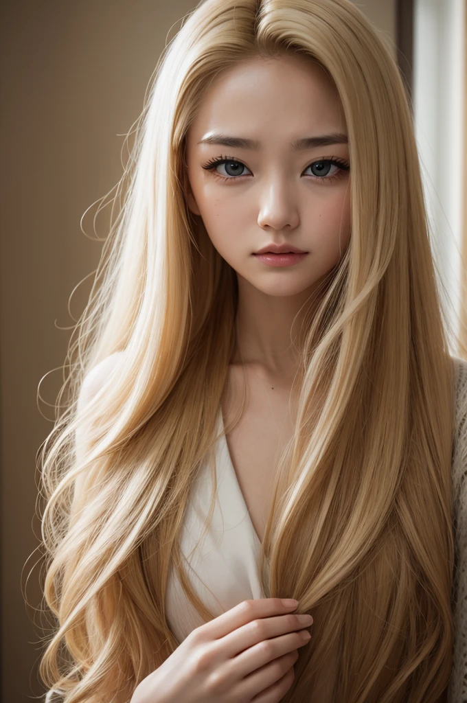 Photo of an emotion film amusingly, big blonde hair and brown eyes