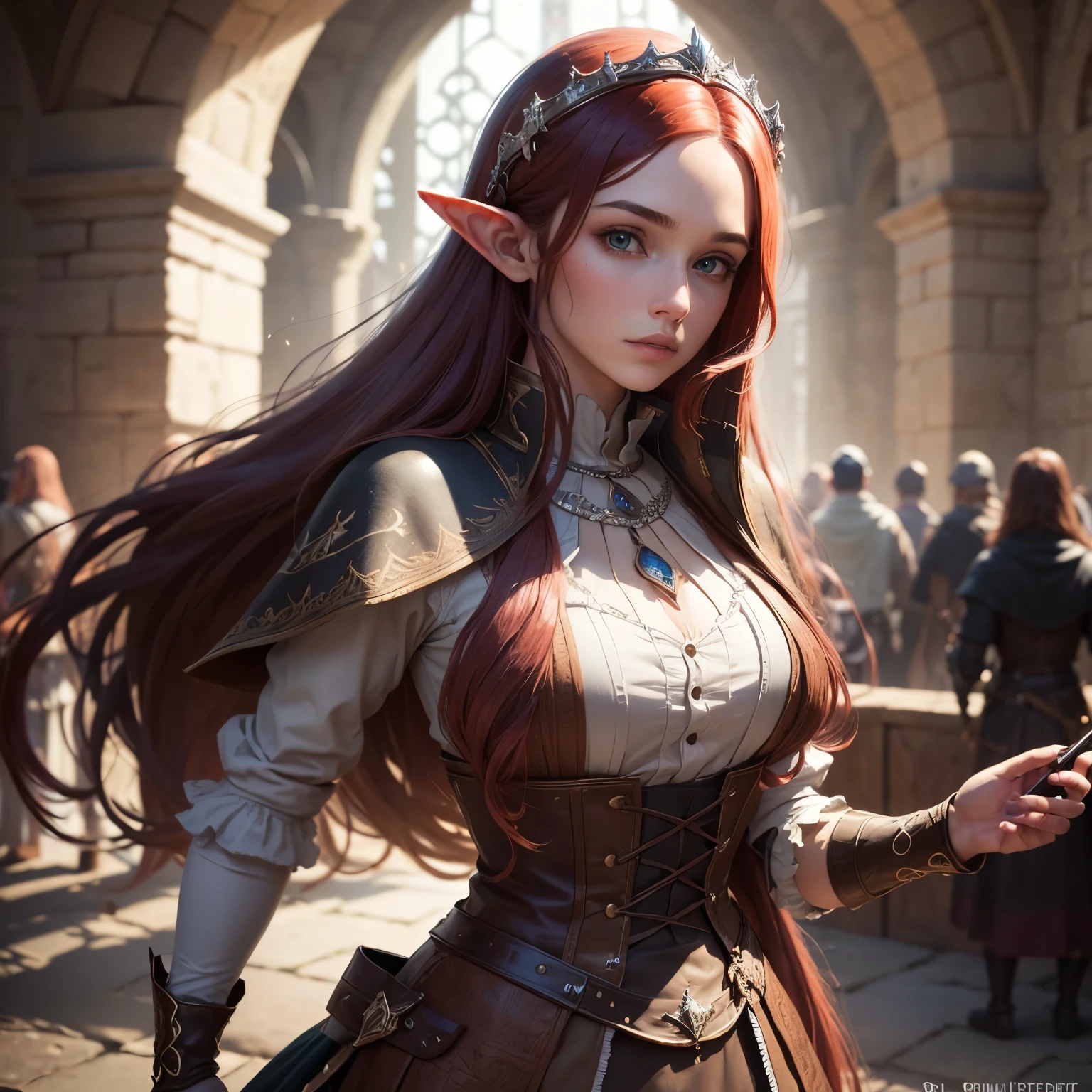 sup((best quality)), ((masterpiece)), (detailed), Prize-winning works, with incredible details, maximum textures and details, supHD ,8K,super resolution ,depth of field, retina, masterpiece, anatomically correct, textured skin, super detail, high details, highres ,an elf ,wearing a medieval dress with lots of details,2 male adventurers of medieval fantasy RPG,very long red hair, similar to the work of JRR Tolkien,longCap ,fully body, detailedeyes (25 year old young man :1.1,detailedeyes, face detailed, whole body:1.1,the background is a magnificent castle similar to Castello de Chambord ),(best qualityer:1.2,ultra detali:1.1,realisitic:1.37) ,eyeshadows,sharp focus,swirly vibrant colors,)