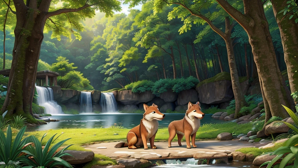 "Create an ultra-realistic 4K image with intricate details of a lively forest scene. The main subjects are a playful dog and a majestic wolf, interacting joyfully amidst the trees. Capture the essence of their playful behavior with precise detail, showing the dog's wagging tail and the wolf's playful stance. In the background, depict a cascading waterfall with sparkling water, and a vivid rainbow arching gracefully across the sky. The forest should be lush and vibrant, with sunlight filtering through the dense canopy, highlighting the rich textures of the foliage and the natural beauty of the scene."