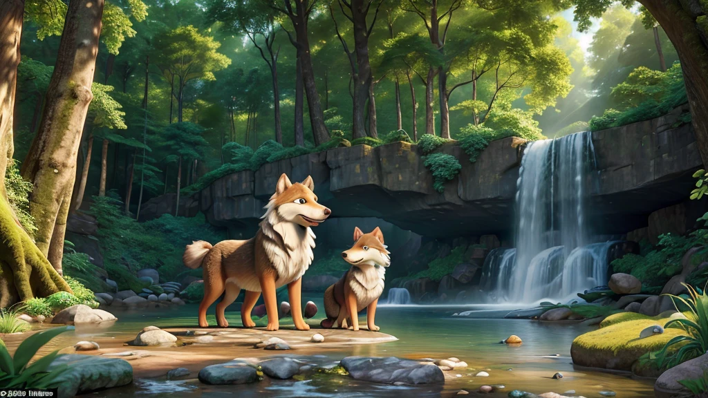 "Create an ultra-realistic 4K image with intricate details of a lively forest scene. The main subjects are a playful dog and a majestic wolf, interacting joyfully amidst the trees. Capture the essence of their playful behavior with precise detail, showing the dog's wagging tail and the wolf's playful stance. In the background, depict a cascading waterfall with sparkling water, and a vivid rainbow arching gracefully across the sky. The forest should be lush and vibrant, with sunlight filtering through the dense canopy, highlighting the rich textures of the foliage and the natural beauty of the scene."