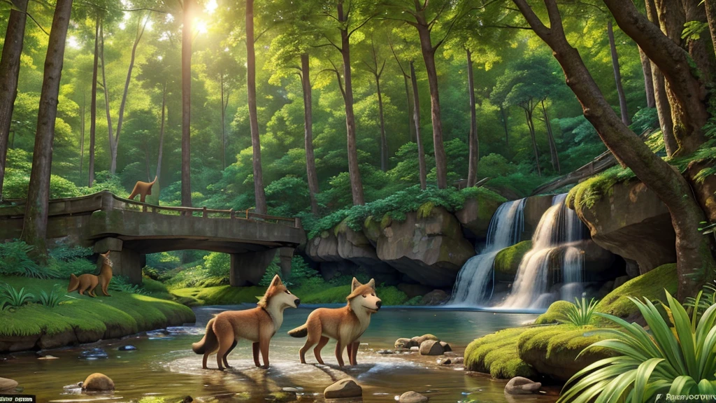 "Create an ultra-realistic 4K image with intricate details of a lively forest scene. The main subjects are a playful dog and a majestic wolf, interacting joyfully amidst the trees. Capture the essence of their playful behavior with precise detail, showing the dog's wagging tail and the wolf's playful stance. In the background, depict a cascading waterfall with sparkling water, and a vivid rainbow arching gracefully across the sky. The forest should be lush and vibrant, with sunlight filtering through the dense canopy, highlighting the rich textures of the foliage and the natural beauty of the scene."