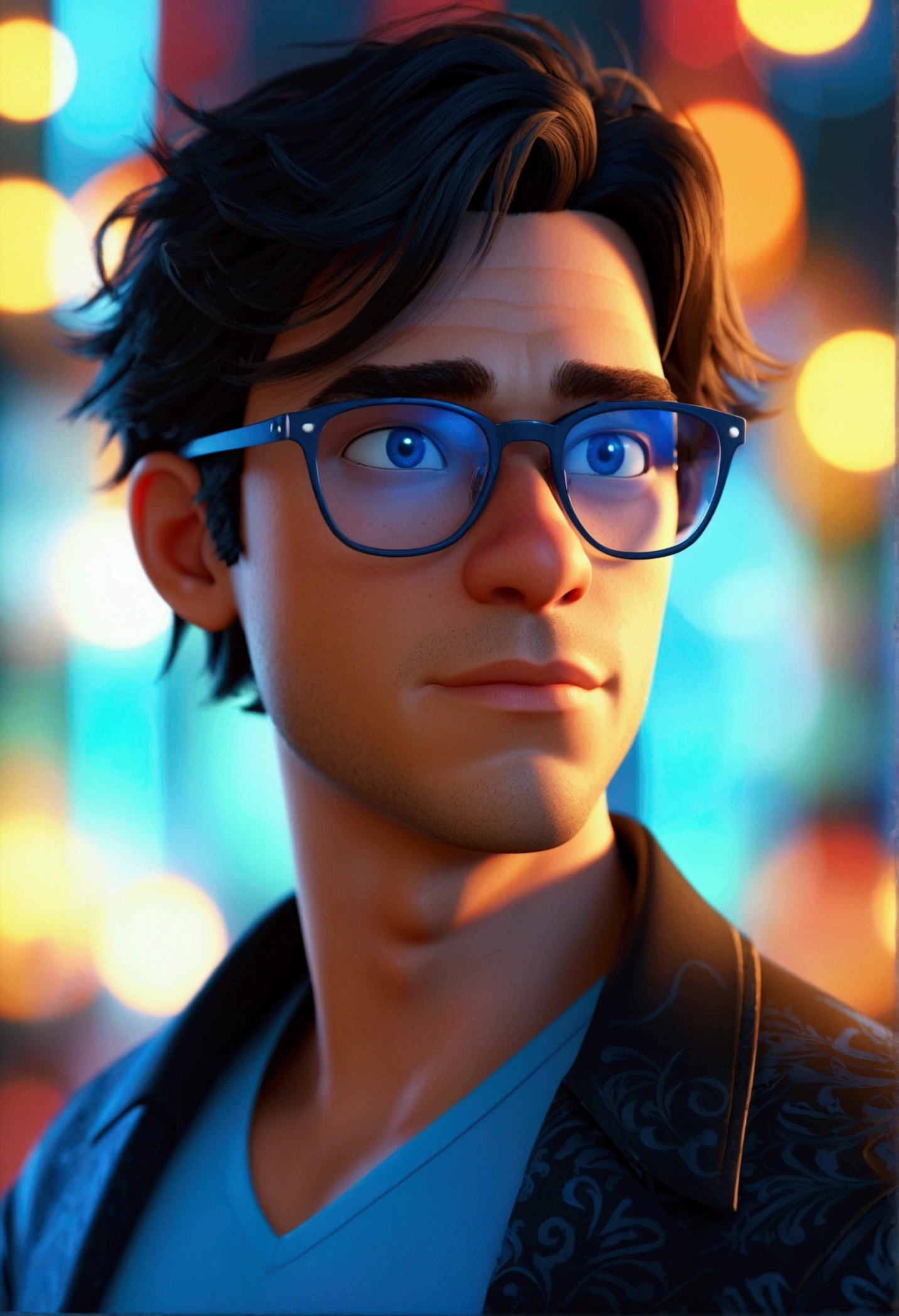 Cartoon character of a man in black glasses and blue shirt, an animated character, stylized character, animation style rendering, 3d stylized, Arnold Maya rendering, Stylized 3D rendering, toon render screenshot, 3d character, 3d character, Stylized 3D rendering, 3D character rendering, cartoon character, Personagem de close up, character posing, (Pixar-style) (master part:1.2) (bokeh) (best qualityer) (skin detailed) (detailed texture) (8K) (Argilla) (cinematic lighting) (sharp focus,Sit down and lift your upper body