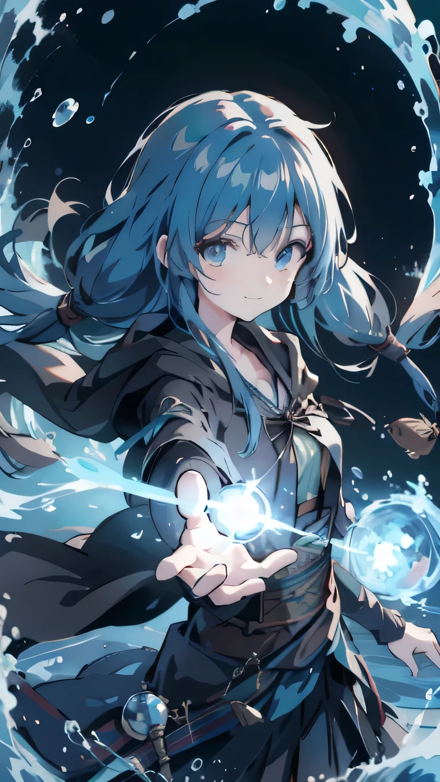 masterpiece, best quality, ultra-detailed, extremely detailed,illustration, 1girl, solo, eria ygo, hair between eyes, long hair, green shirt, open robe, hooded robe, brown robe, pleated skirt, black skirt, medium breasts, smile, closed mouth, looking at viewer, holding staff, hydrokinesis, water, light particles, floating hair, forest, blue sky, upper body,