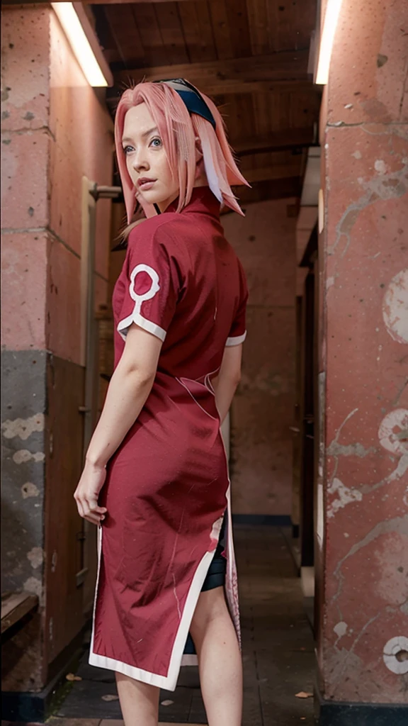 Pink hair girl, greeneyes, Sakura haruno red dress