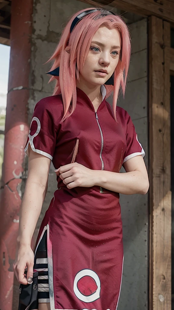 Pink hair girl, greeneyes, Sakura haruno red dress