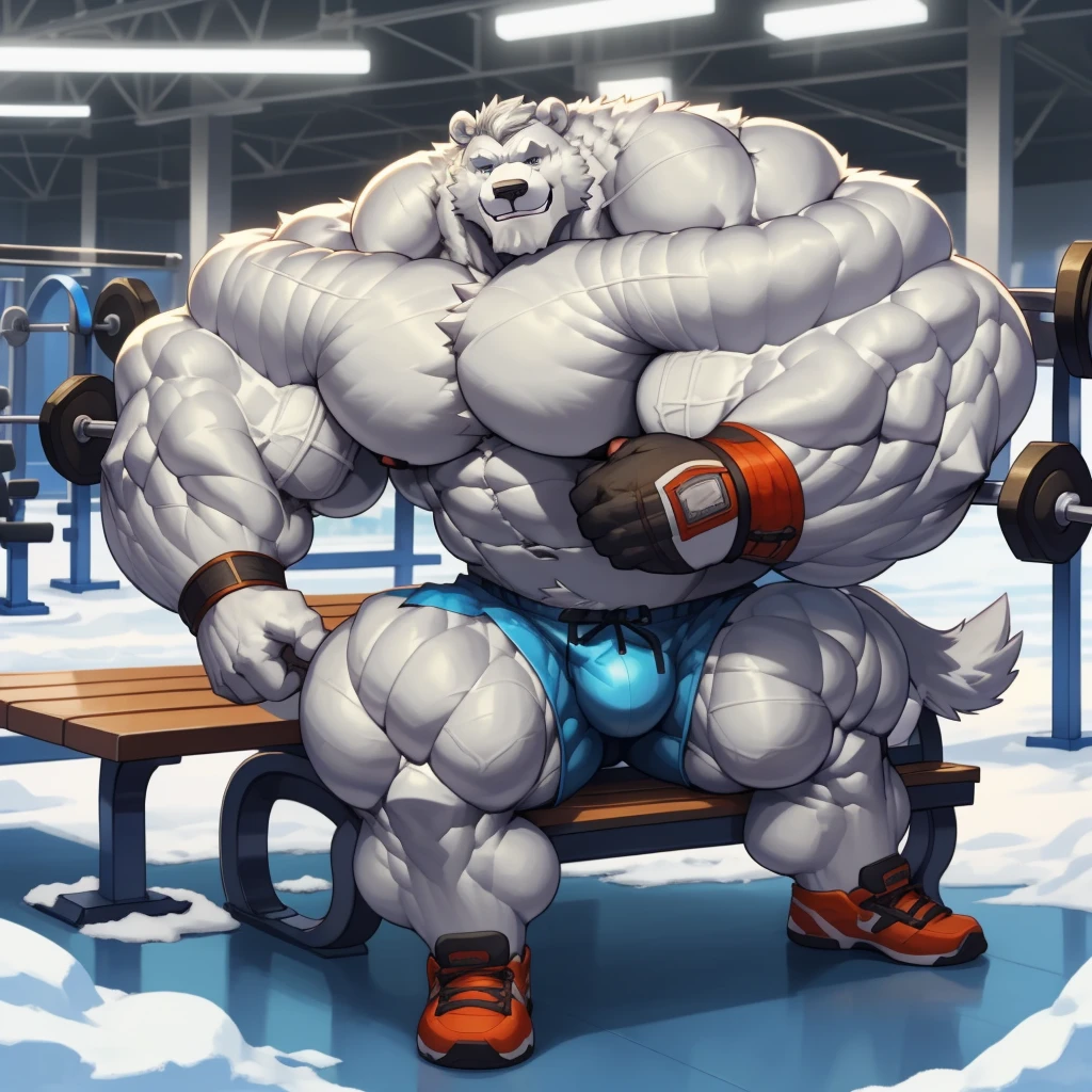 solo, 1boy, perfect anatomy, (furry white bears, polar bear) perfect proportion, snow, grin, big eyes, wide chest, bulky, bulk, bulge, happy. Huge Muscular Old man with short hair, bech pressing,(blue gym shorts, and wristbands), view from side, pectoral, thick arms, huge pectoral, wide pectoral, white hair, white beards, gym background, masterpiece, semirealistic:1.2, high detailed, 8k, high resolution, perfect center, full view. ((really big muscle, massive muscular, sixpack, thick arms, wide pectoral, super huge muscle, hyper muscular, over sized muscle, huge arms, big arms, huge pectoral)), ((bench press set:1.3))