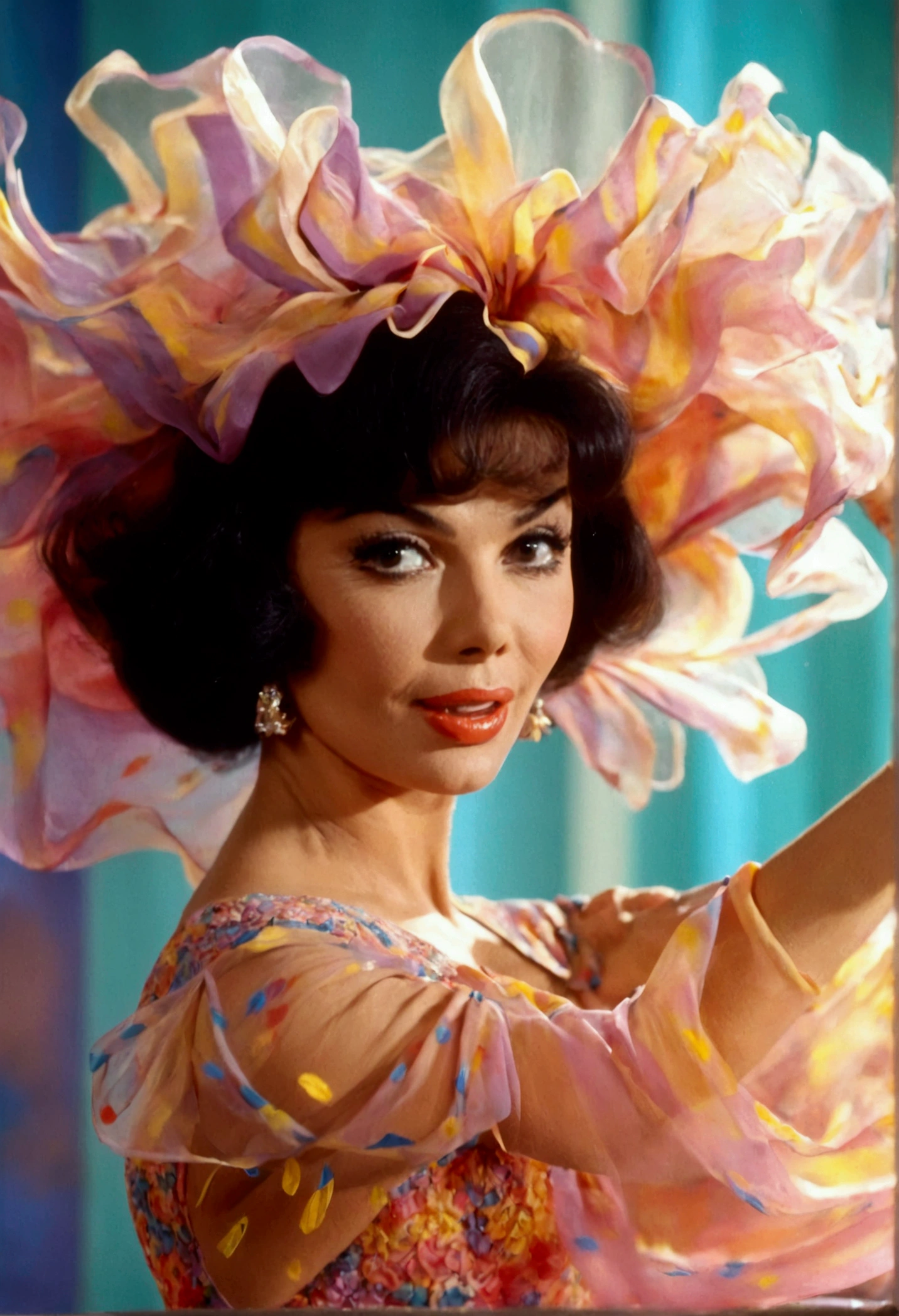 A cute woman (Jayne Mansfield, age 25, young and vibrant) is dancing in an (airy, sheer, colorful, very mobile dress) on a well lit stage. Lots of spinning. No underwear. On a well lit stage