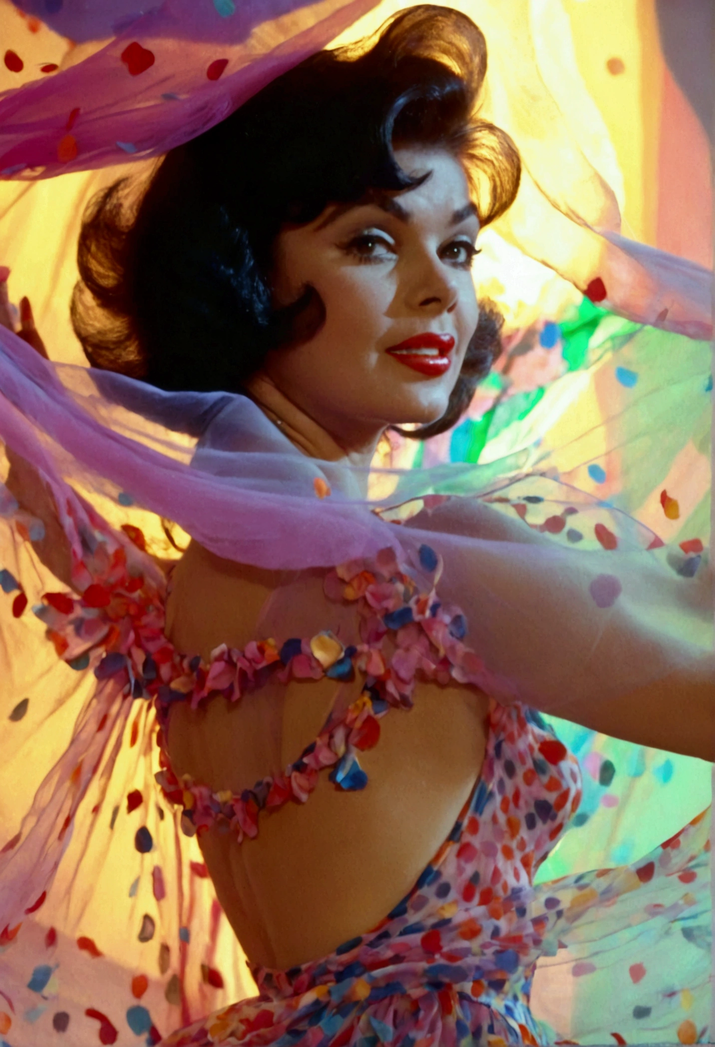 A cute woman (Jayne Mansfield, age 25, young and vibrant) is dancing in an (airy, sheer, colorful, very mobile dress) on a well lit stage. Lots of spinning. No underwear. On a well lit stage