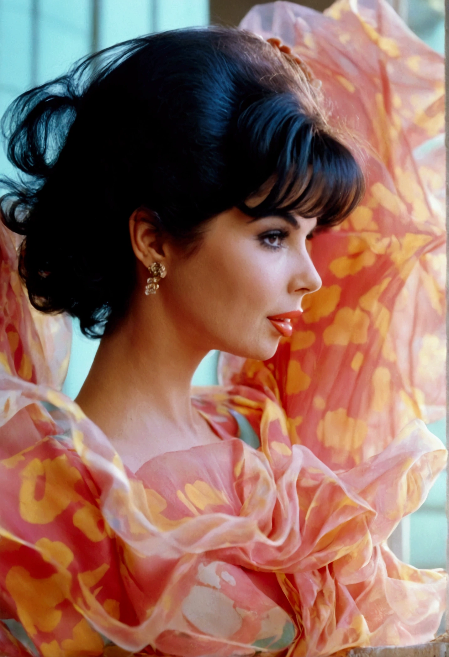 A cute woman (Jayne Mansfield, age 25, young and vibrant) is dancing in an (airy, sheer, colorful, very mobile dress) on a well lit stage. Lots of spinning. No underwear. On a well lit stage