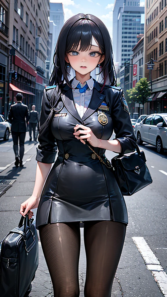 An absurd solution, High resolution, (masterpiece:1.4), Super detailed, One girl,Blue Eye Color, Long black hair，Please wear a police uniform and a short skirt, White handbag、pantyhose、City streets,Sexy posture, The camera is close to the body