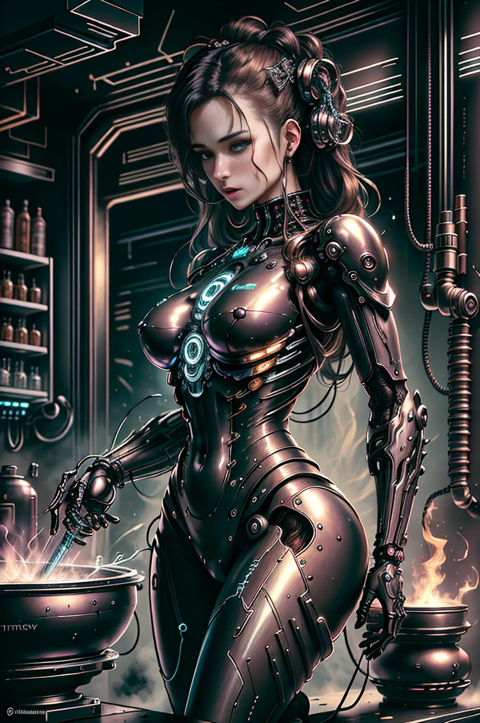 Top Quality, Masterpiece, Ultra High Resolution, ((Photorealistic: 1.4), Raw Photo, 1 cyberpunk Girl, Glossy Skin, 1 Mechanical Girl, (Ultra Realistic Details)), mechanical limbs, tubes connected to the mechanical parts, mechanical vertebrae attached to the spine, mechanical cervical attachment to the neck, wires and cables connecting to the head, Evangelion, Ghost in the Shell, small glowing LED lamps, global lighting, deep shadows, Octane Rendering, 8K, Ultra Sharp, Metal, Intricate Ornament Details, baroque details, Very intricate details, realistic light, CGSoation trend, facing the camera, neon details, (android manufactory in background), art by H.R. Giger and Alphonse Mucha.