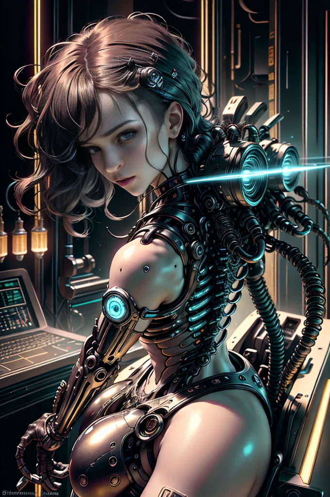 Top Quality, Masterpiece, Ultra High Resolution, ((Photorealistic: 1.4), Raw Photo, 1 cyberpunk Girl, Glossy Skin, 1 Mechanical Girl, (Ultra Realistic Details)), mechanical limbs, tubes connected to the mechanical parts, mechanical vertebrae attached to the spine, mechanical cervical attachment to the neck, wires and cables connecting to the head, Evangelion, Ghost in the Shell, small glowing LED lamps, global lighting, deep shadows, Octane Rendering, 8K, Ultra Sharp, Metal, Intricate Ornament Details, baroque details, Very intricate details, realistic light, CGSoation trend, facing the camera, neon details, (android manufactory in background), art by H.R. Giger and Alphonse Mucha.