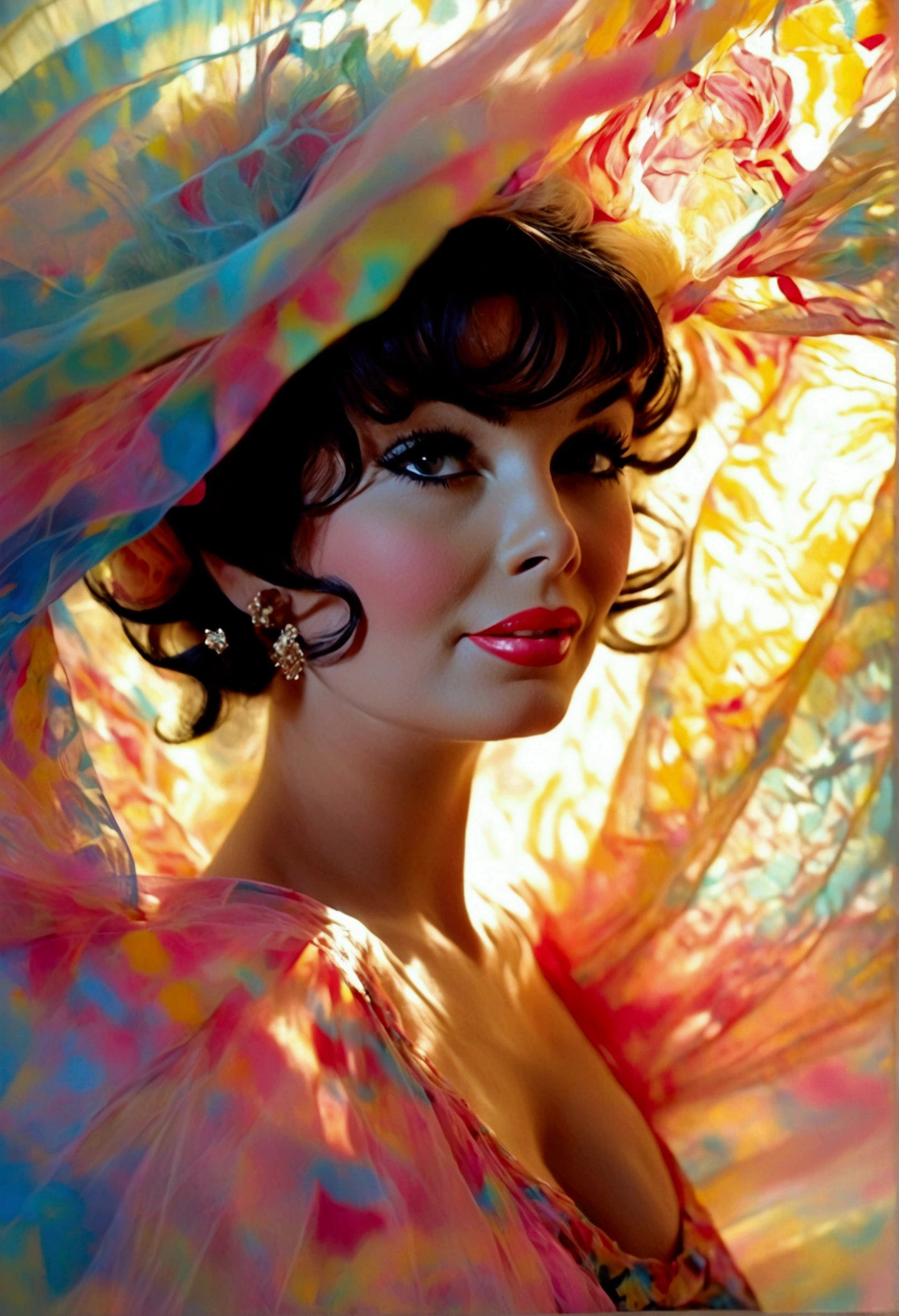A cute woman (Jayne Mansfield, age 25, young and vibrant) is dancing in an (airy, sheer, colorful, very mobile dress) on a well lit stage. Lots of spinning. No underwear. On a well lit stage