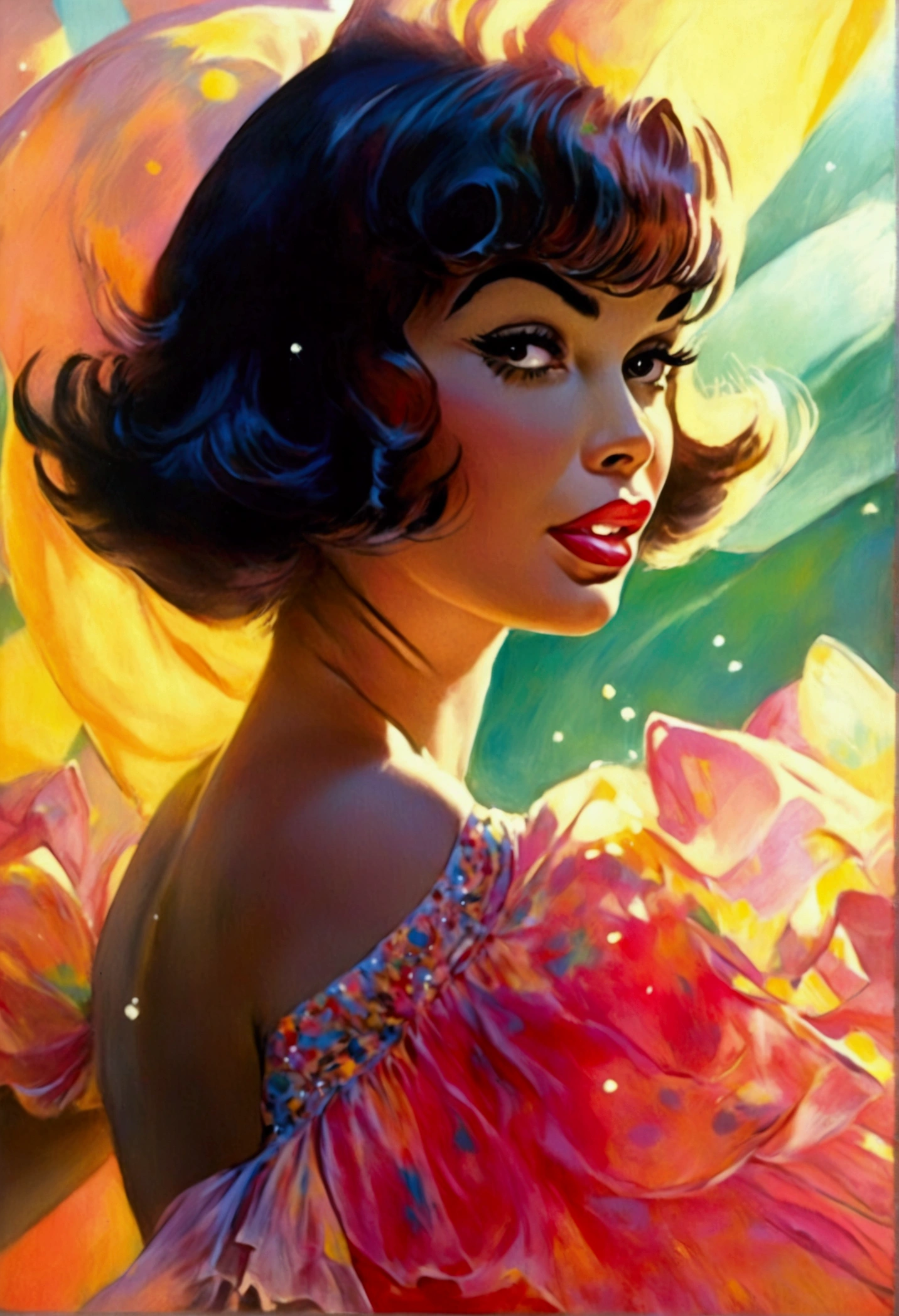 A cute woman (Jayne Mansfield, age 25, young and vibrant) is dancing in an (airy, sheer, colorful, very mobile dress) on a well lit stage. Lots of spinning. No underwear. On a well lit stage
