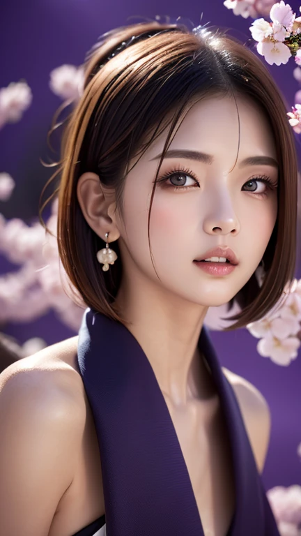 (8K, Highest quality, High resolution, masterpiece :1.3, RAW Photos), ((Accurately expresses the fine details of the face and skin texture)), ((Purple Background)), Beautiful adult woman, Long contour, Oiran, Gorgeous red kimono::2, hairpin, Captivating look, Strike a Pose, Delicate skin depiction、Earrings,Seduce the viewer、Captivate your viewers、Bewitching body、Alluring proportions、Captivating Eros、Taunt the viewer、Seductively Seduction、Climax orgasm during cherry blossom viewing、Dripping wet pussy、Dripping wet pussy、Cowboy Shot、