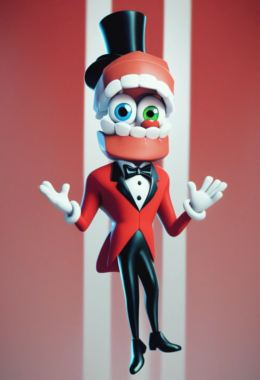 caine, solo, gloves, 1boy, hat, bow, male focus, white gloves, bowtie, top hat, dentures, blue eyes, green eyes, heterochromia, gloating eyes, floating head, red suit, black pants, source, no head, floating, circus background, 3d, source_cartoon