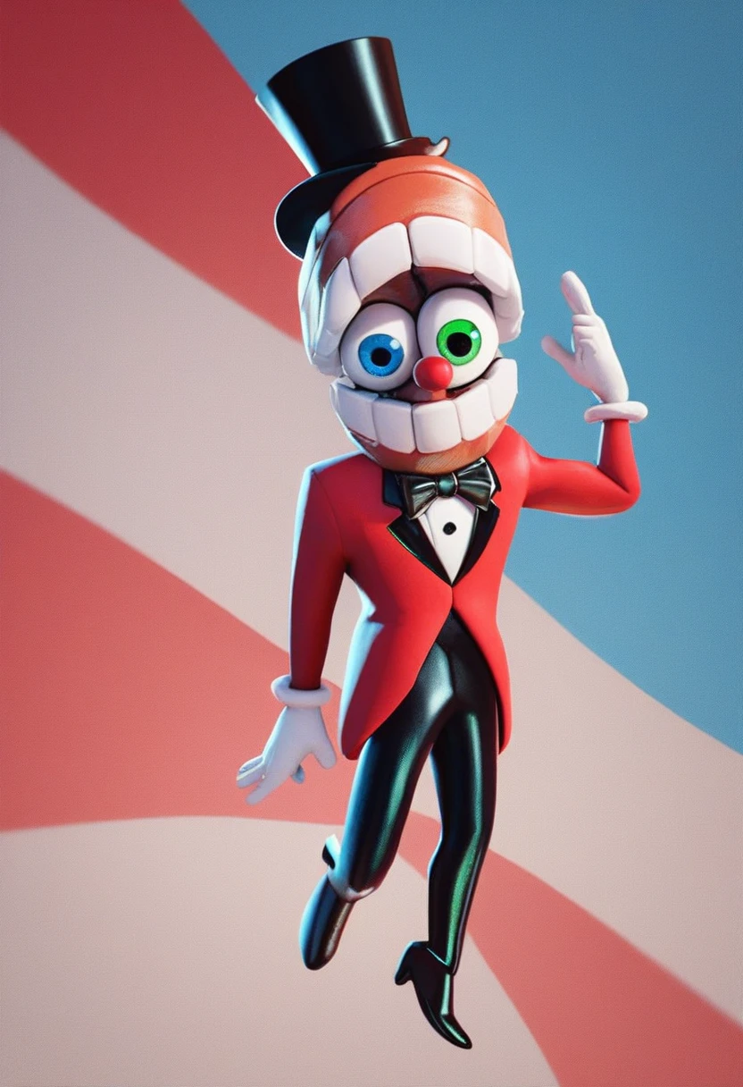 caine, solo, gloves, 1boy, hat, bow, male focus, white gloves, bowtie, top hat, dentures, blue eyes, green eyes, heterochromia, gloating eyes, floating head, red suit, black pants, source, no head, floating, circus background, 3d, source_cartoon