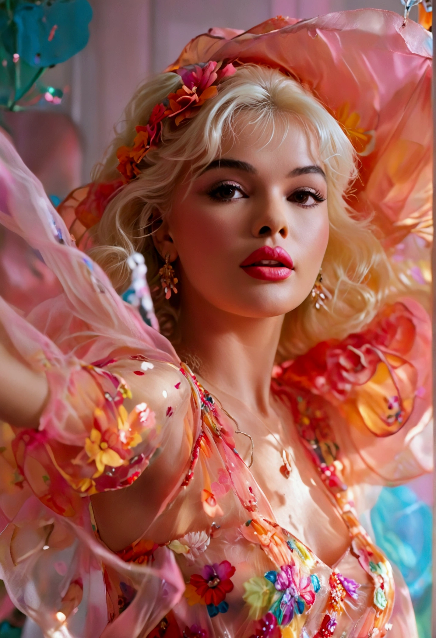 A cute woman (Jayne Mansfield, age 25, young and vibrant) is dancing in an (airy, sheer, colorful, very mobile dress) on a well lit stage. Lots of spinning. No underwear. On a well lit stage