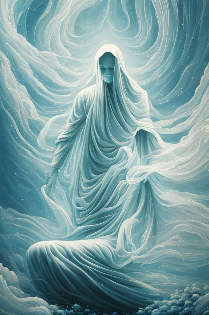 A painting of a serene figure kneeling in quiet contemplation, ethereal blue light emanating from below, simple white robes, abstract face mask, a somber yet peaceful atmosphere