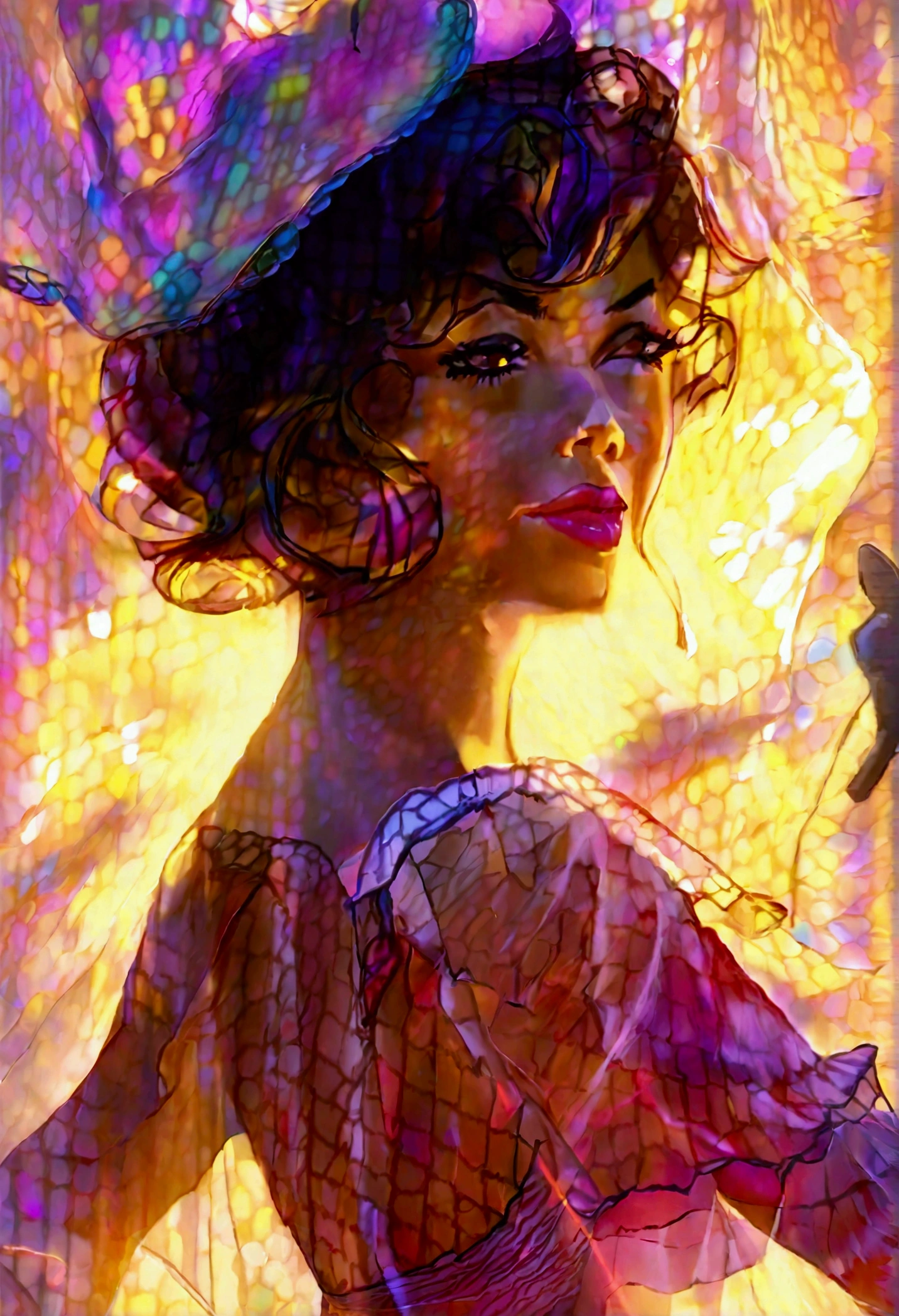 A cute woman (Jayne Mansfield, age 25, young and vibrant) is dancing in an (airy, sheer, colorful, very mobile dress) on a well lit stage. Lots of spinning. No underwear. On a well lit stage