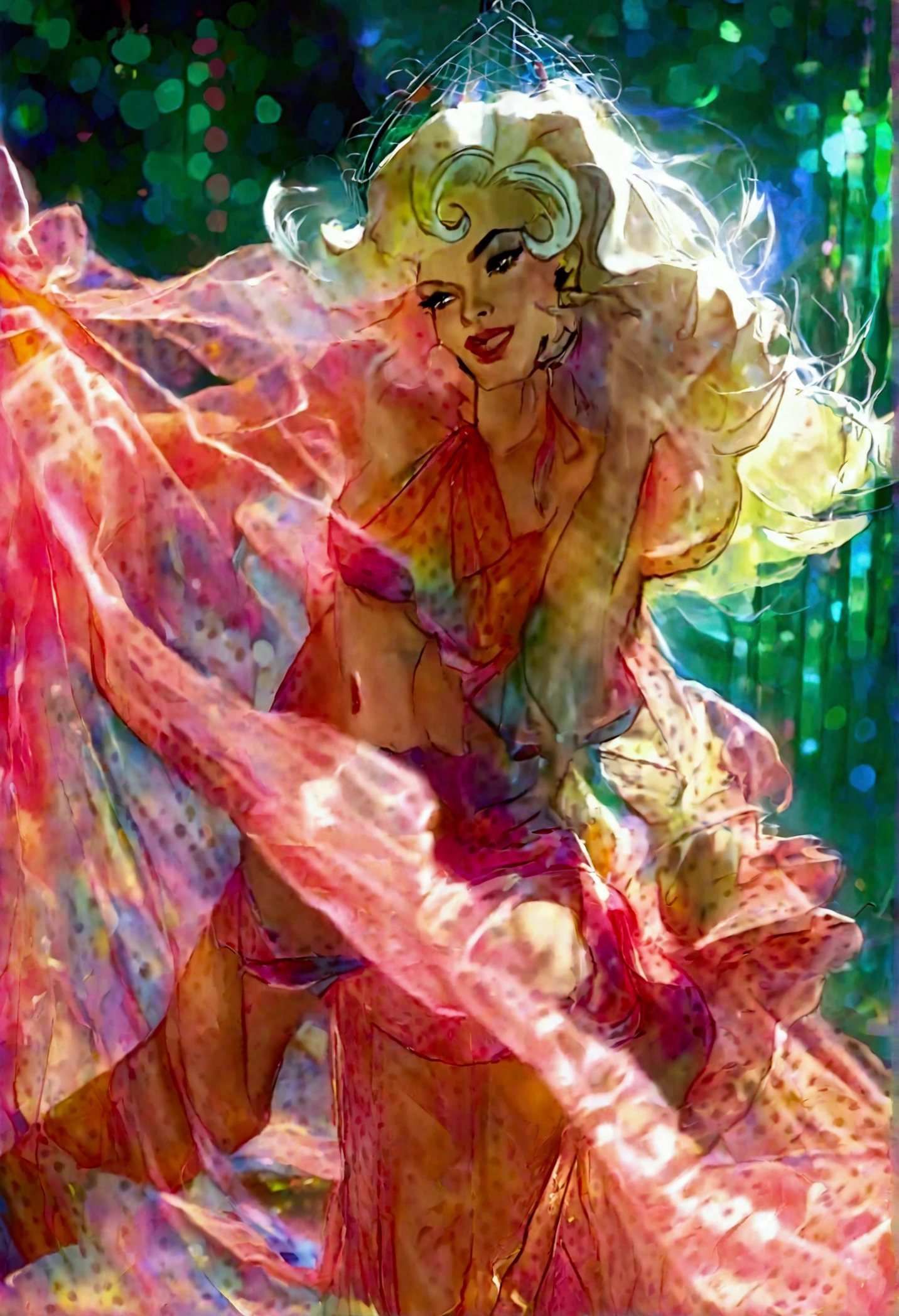 A cute woman (Jayne Mansfield, age 25, young and vibrant) is dancing in an (airy, sheer, colorful, very mobile dress) on a well lit stage. Lots of spinning. No underwear. On a well lit stage
