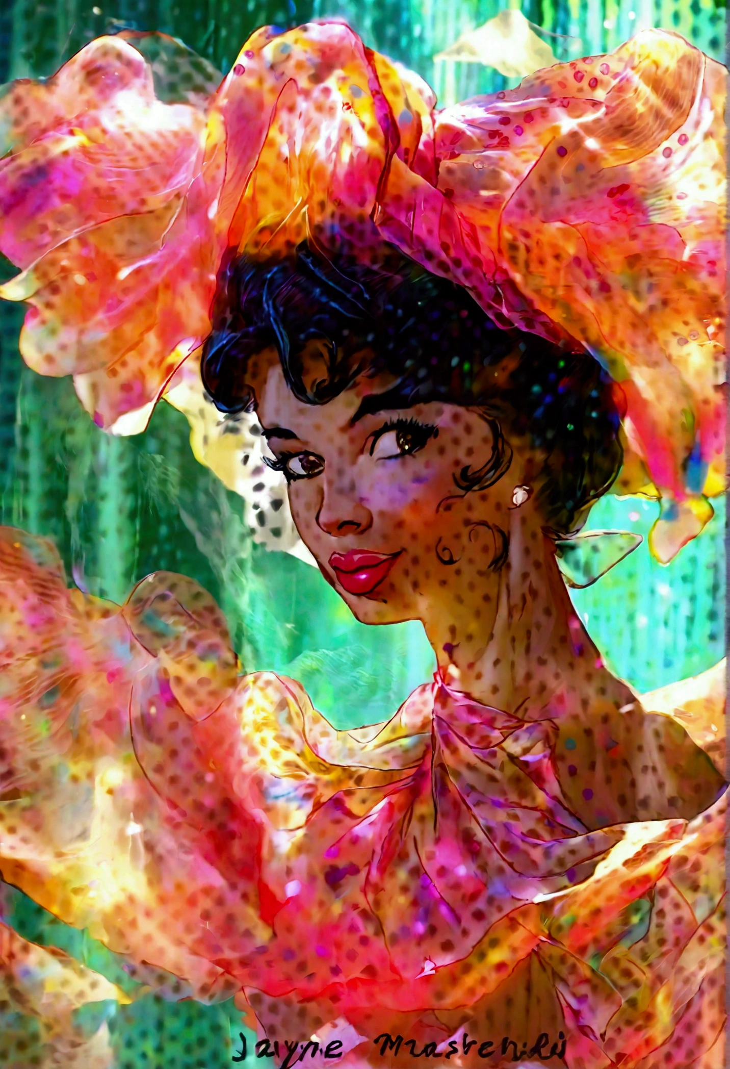 A cute woman (Jayne Mansfield, age 25, young and vibrant) is dancing in an (airy, sheer, colorful, very mobile dress) on a well lit stage. Lots of spinning. No underwear. On a well lit stage