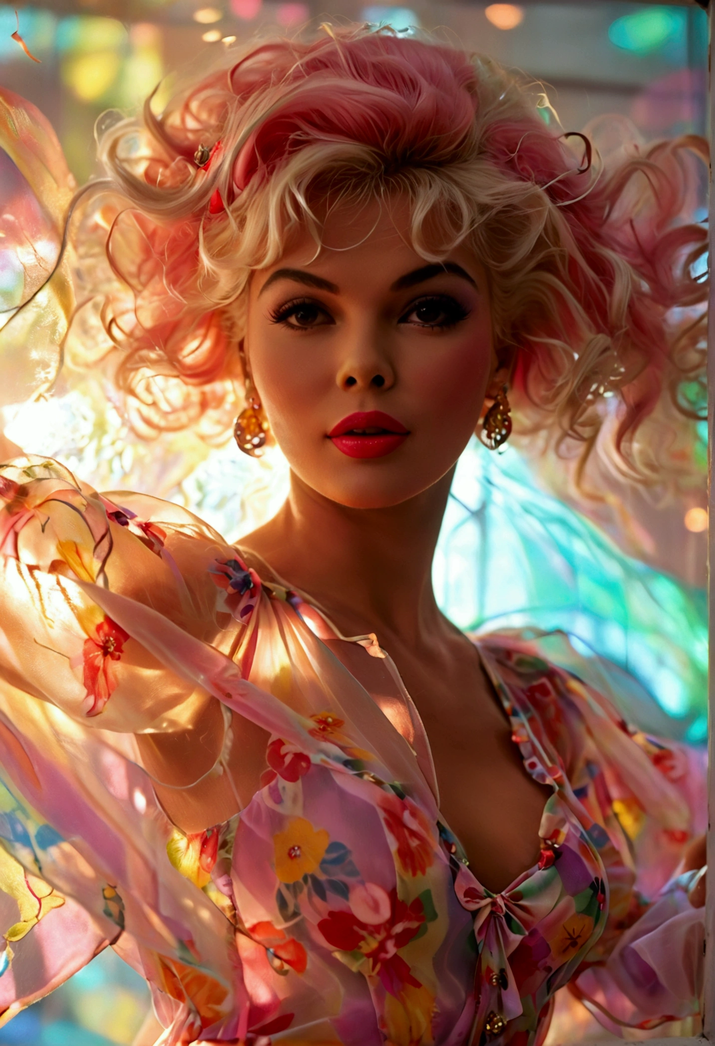 A cute woman (Jayne Mansfield, age 25, young and vibrant) is dancing in an (airy, sheer, colorful, very mobile dress) on a well lit stage. Lots of spinning. No underwear. On a well lit stage
