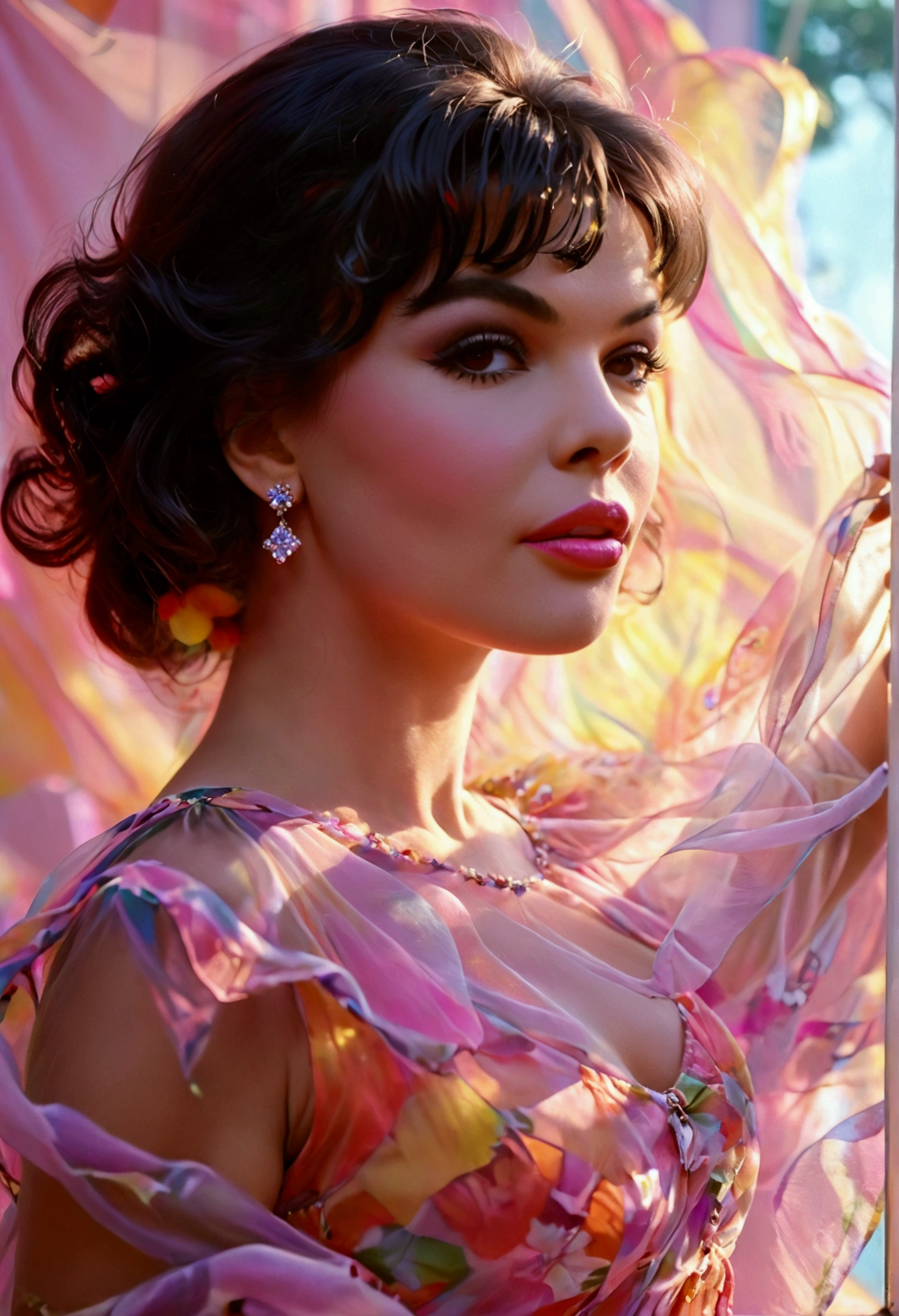 A cute woman (Jayne Mansfield, age 25, young and vibrant) is dancing in an (airy, sheer, colorful, very mobile dress) on a well lit stage. Lots of spinning. No underwear. On a well lit stage