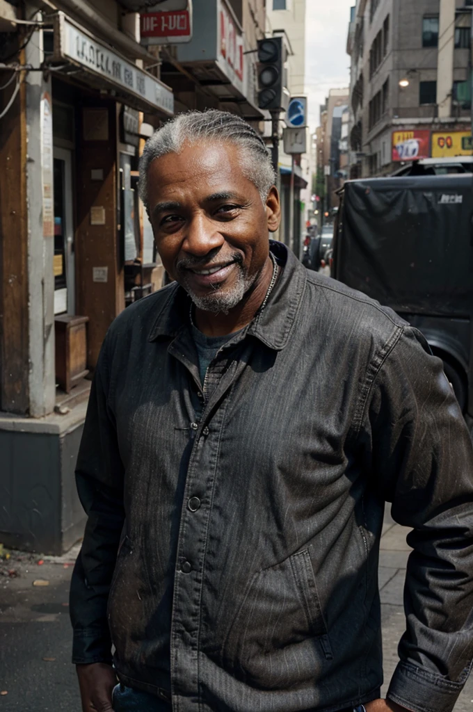cinematographic, realistic, man, old man, brown eyes, smiling, just one, realistic near cars, black, gray hair, realistic, black man, very realistic black man, poor, dirty clothes, realistic scienmatrography