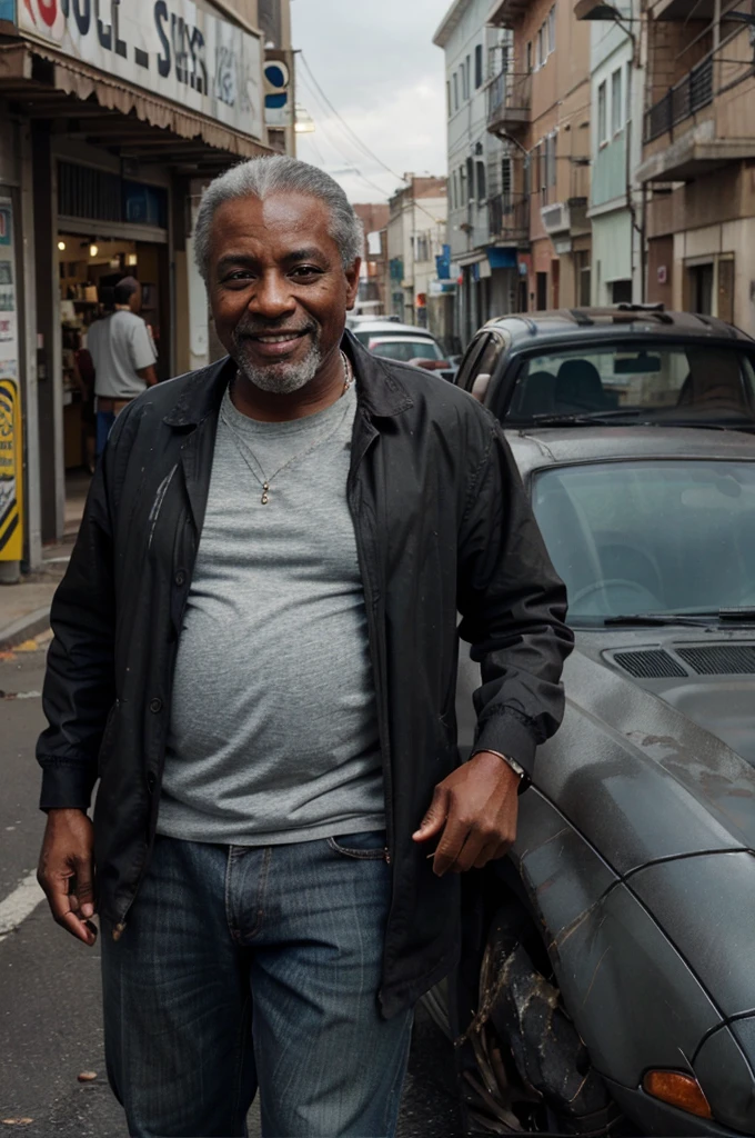 cinematographic, realistic, man, old man, brown eyes, smiling, just one, realistic near cars, black, gray hair, realistic, black man, very realistic black man, poor, dirty clothes, realistic scienmatrography