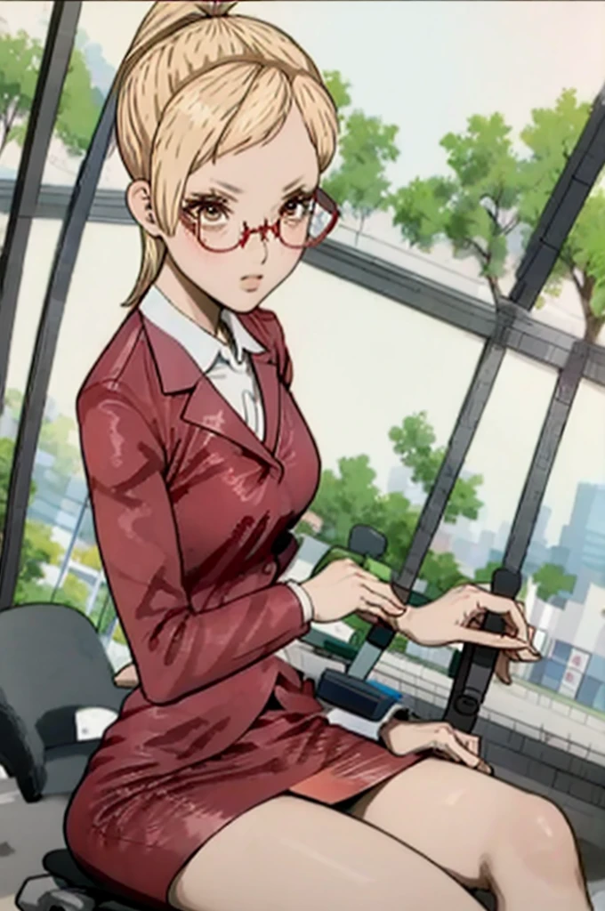 high quality:1.3 , performance, sitting, KaedeAkiyama, long hair, ponytail, glasses, KaedeAkiyama, long hair, ponytail, glasses, office lady, red skirt suit, red skirt, miserable