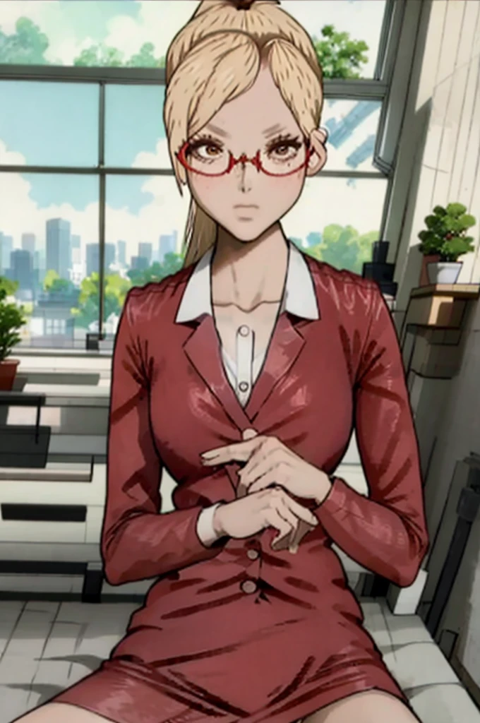 high quality:1.3 , performance, sitting, KaedeAkiyama, long hair, ponytail, glasses, KaedeAkiyama, long hair, ponytail, glasses, office lady, red skirt suit, red skirt, miserable