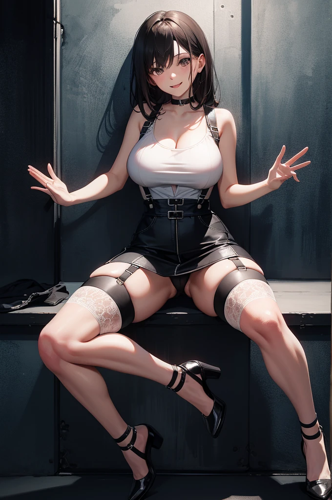 Large full breasts　　Suspenders　　Garters　　leg-garter　A smile　　A miniskirt　Black-brown hair　Gray eyes　flank　Behind　Raise your hands　hason　Black tank top