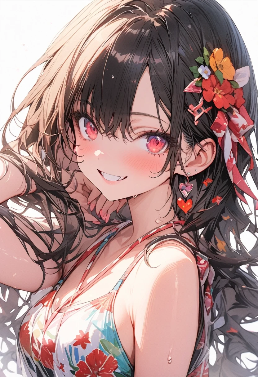 cute girl, wearing a swim wear, bikini, big blast, weat skin, weat hair, smile, (masterpiece, best quality, highly detailed, ultra detailed, absurdres:1.3), (1girl, cute, charming, detailed beautiful face:1.3), (fantastic illustration, beautiful detail, best quality, top quality, high quality, fain touch outline:1.3), watercolor, clear, beautiful detail, background beach, sunshine, enjoy summer, beautiful detail