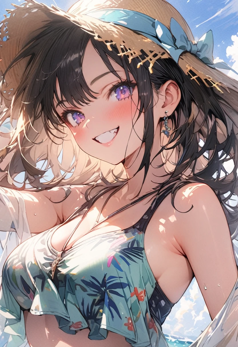 cute girl, wearing a swim wear, bikini, big blast, weat skin, weat hair, smile, (masterpiece, best quality, highly detailed, ultra detailed, absurdres:1.3), (1girl, cute, charming, detailed beautiful face:1.3), (fantastic illustration, beautiful detail, best quality, top quality, high quality,  fain touch outline:1.3), watercolor, clear, beautiful detail, background beach, sunshine, enjoy summer, beautiful detail
