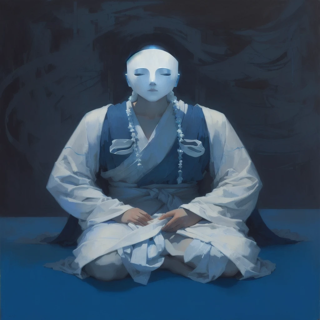 A painting of a serene figure kneeling in quiet contemplation, ethereal blue light emanating from below, simple white robes, abstract face mask, a somber yet peaceful atmosphere