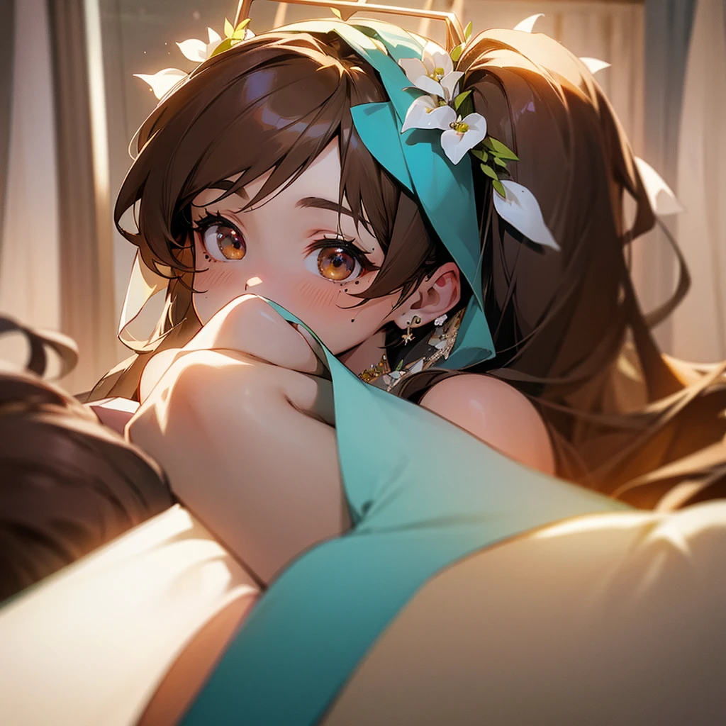 with brown eyes with a left mole on one cheek and with brown hair in a wedding dress marry Hatsune Miku together
