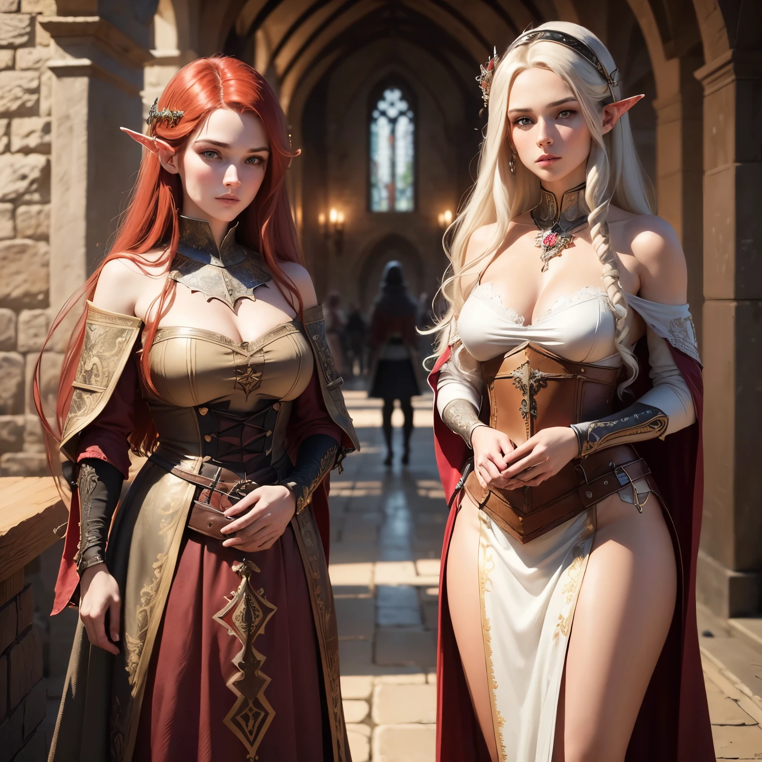 sup((best quality)), ((masterpiece)), (detailed), Prize-winning works, with incredible details, maximum textures and details, supHD ,8K,super resolution ,depth of field, retina, masterpiece, anatomically correct, textured skin, super detail, high details, highres ,an elf ,wearing a medieval dress with lots of details,2 male adventurers of medieval fantasy RPG,very long red hair, similar to the work of JRR Tolkien,longCap ,fully body, detailedeyes (25 year old young man :1.1,detailedeyes, face detailed, whole body:1.1,the background is a magnificent castle similar to Castello de Chambord ),(best qualityer:1.2,ultra detali:1.1,realisitic:1.37) ,eyeshadows,sharp focus,swirly vibrant colors,)