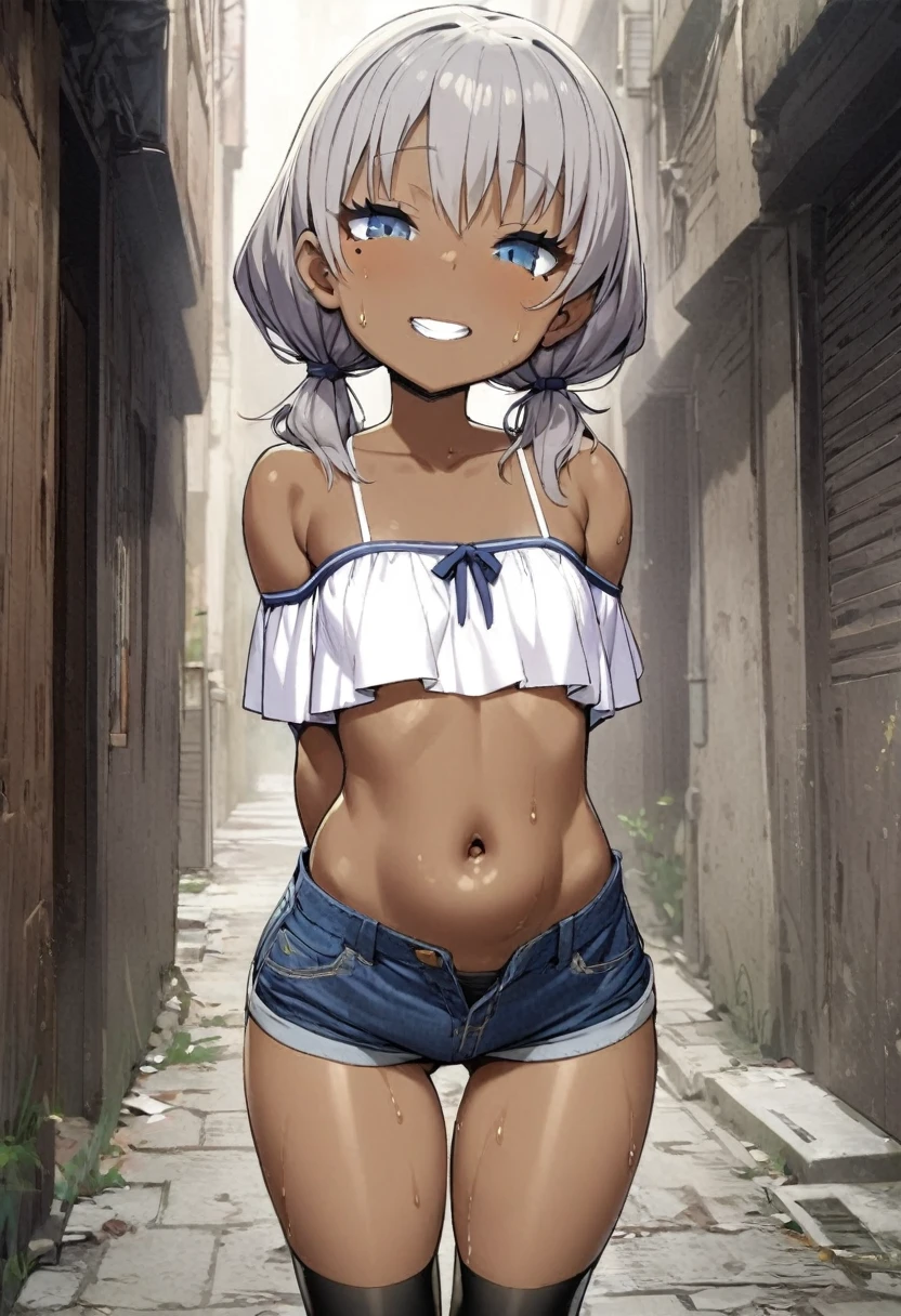 One Girl, Gray Hair, Low twin tails, There is only one mole below the eye, There is only one mole, Small breasts, Cheeky face, looking at the camera, ass pov, Brown Skin, White off-shoulder, Belly button, Sweating, Face is close, Denim shorts, Black knee-high socks, slender, Brat, Dark Back Alley, Blue eyeliner