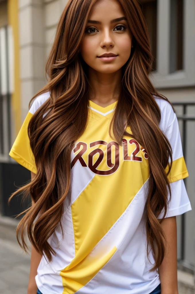 Create a girl with long copper hair with the Colombia section shirt with the name Alejandra and the number 22