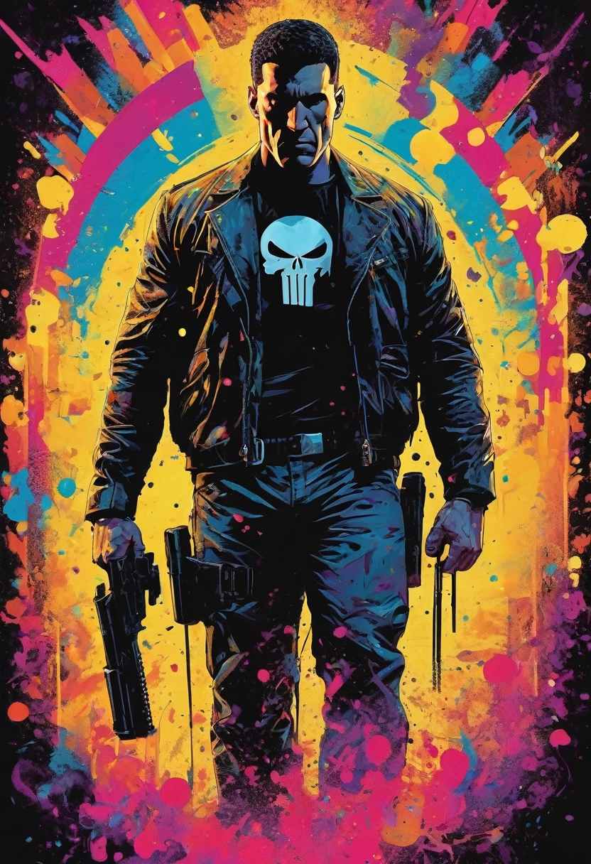 A brooding vigilante, embodying elements of Pop Art, and Cubism styles, exudes a grunge undertone in a movie poster aesthetic. Vibrant tetradic colors pop against a black light spot, creating a high-octane energy. This captivating image captures the Punisher in a dynamic and edgy manner, blending different art styles seamlessly. The details in the artwork are exquisite, showcasing the character's intense nature and complexity. The high quality of the image is undeniable, drawing viewers into the intense world of the Punisher. Sinister atmosphere. Full body.