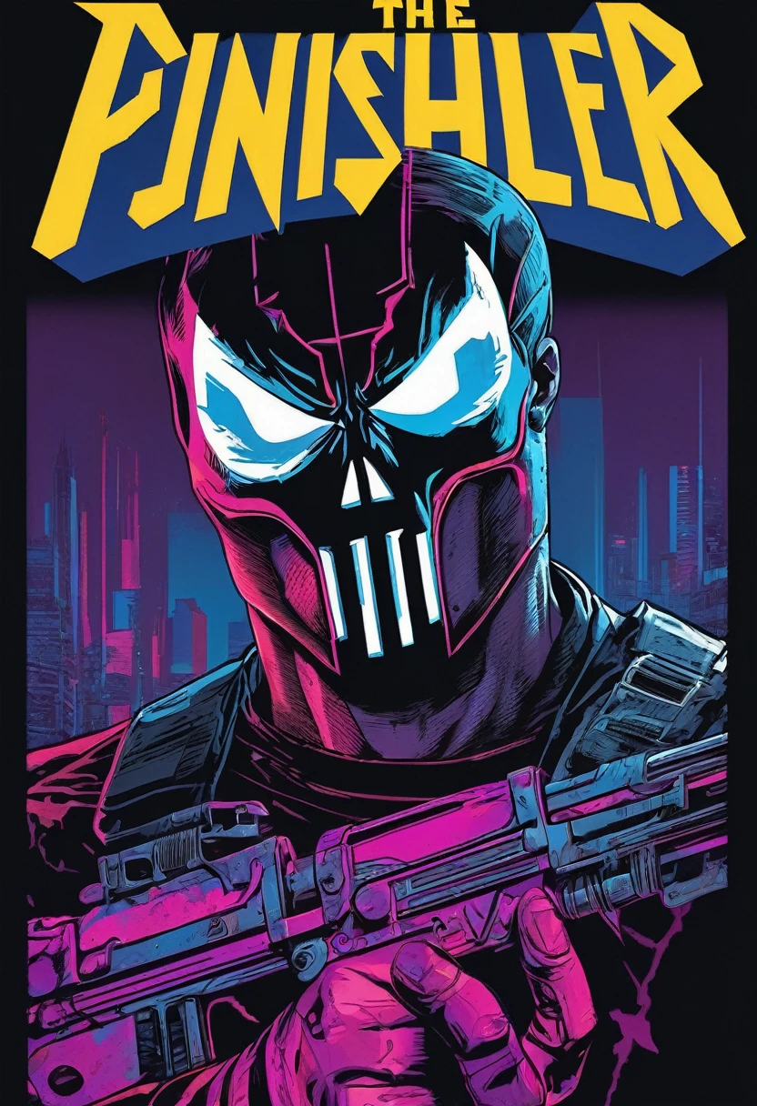 A brooding vigilante, embodying elements of Pop Art, and Cubism styles, exudes a grunge undertone in a movie poster aesthetic. Vibrant tetradic colors pop against a black light spot, creating a high-octane energy. This captivating image captures the Punisher in a dynamic and edgy manner, blending different art styles seamlessly. The details in the artwork are exquisite, showcasing the character's intense nature and complexity. The high quality of the image is undeniable, drawing viewers into the intense world of the Punisher. Sinister atmosphere. Full body.