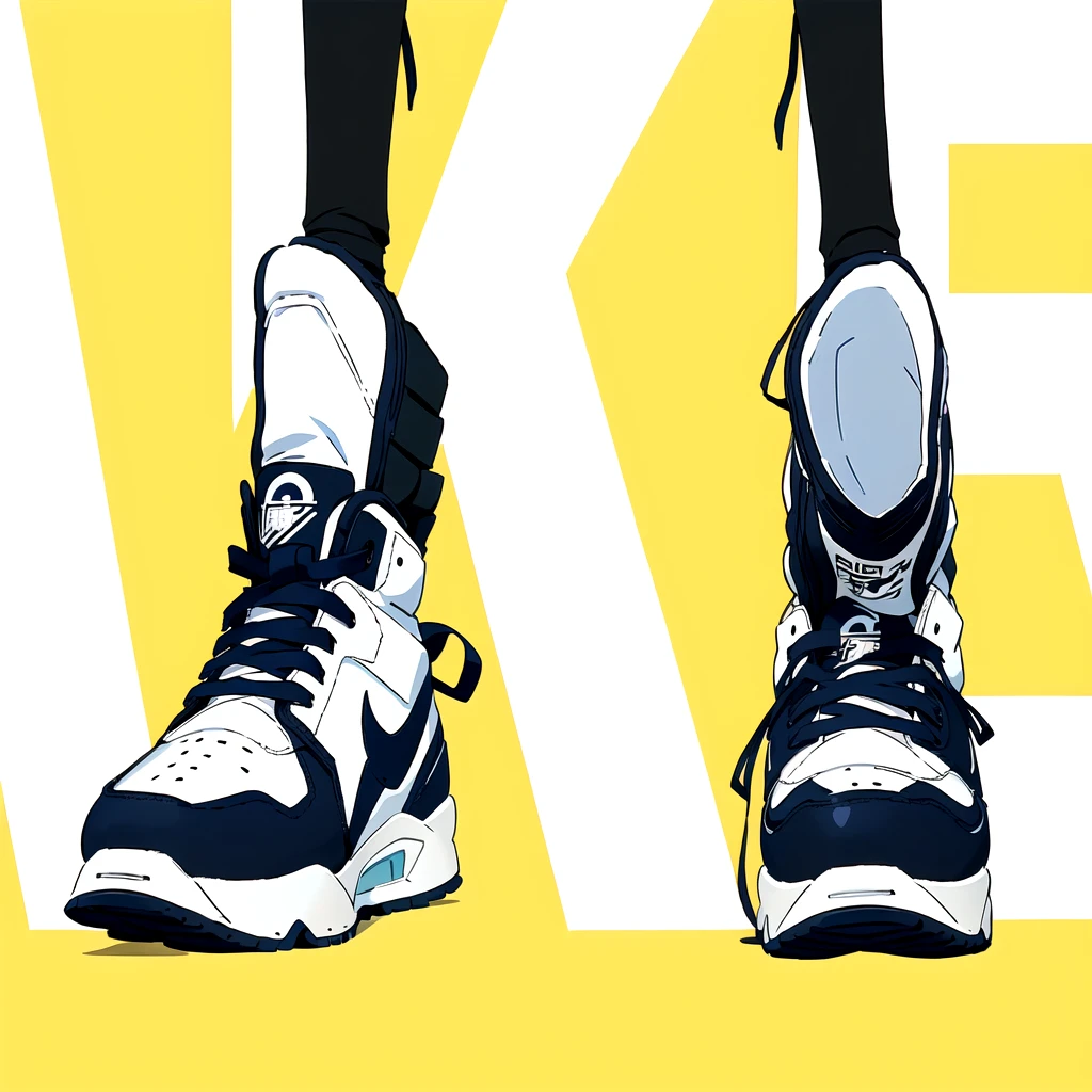 there is a cartoon picture of a pair of sneakers with the word fake, sneakers, modern Anime Style, sneakersデザイン, . Anime Style at pixiv, I like anime, Style Anime, High quality anime art style, very modern Anime Style, , Anime Style. 8K,White background、青いsneakers、