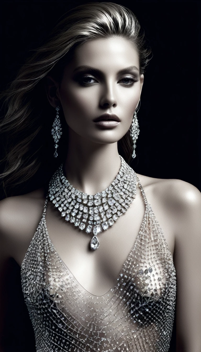 Catalog editorial, translucent transcendence, transparent, layered composition, body covered with diamonds, shining jewelry, sensualcore, sexycore, desaturated, --ar 7:11 --personalize --stylize 800