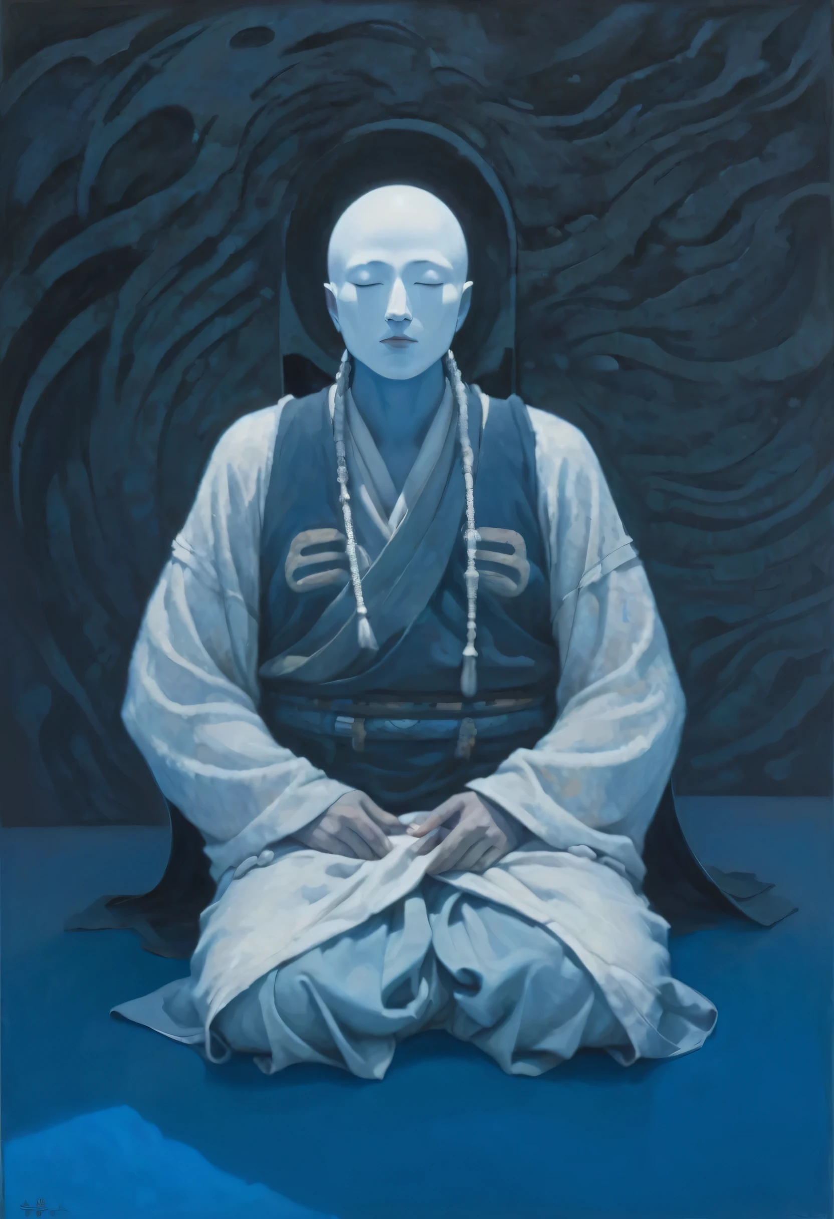 painting of a man sitting in a meditation position on a blue surface, adim kashin, inspired by Enki Bilal, hooded figure, inspired by Gyoshū Hayami, painting of white human figures, detailed painting of dune movie, with no face, ditigal painting, hooded figures, vdragan bibin, shikanosuke yagaki